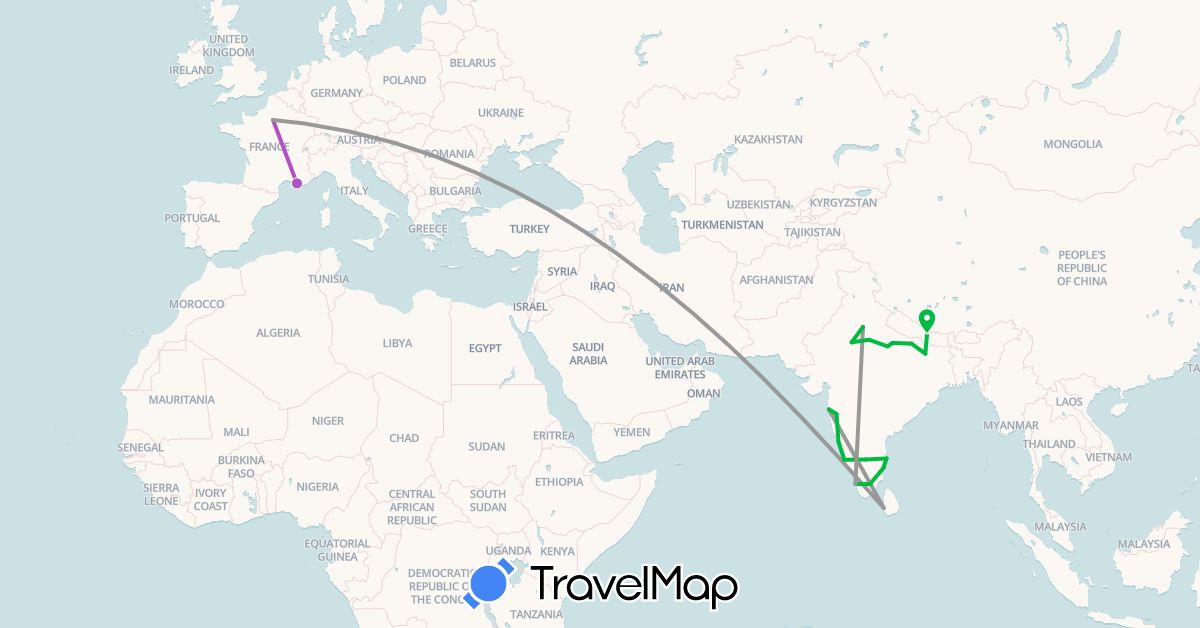 TravelMap itinerary: bus, plane, train in France, India, Sri Lanka, Nepal (Asia, Europe)